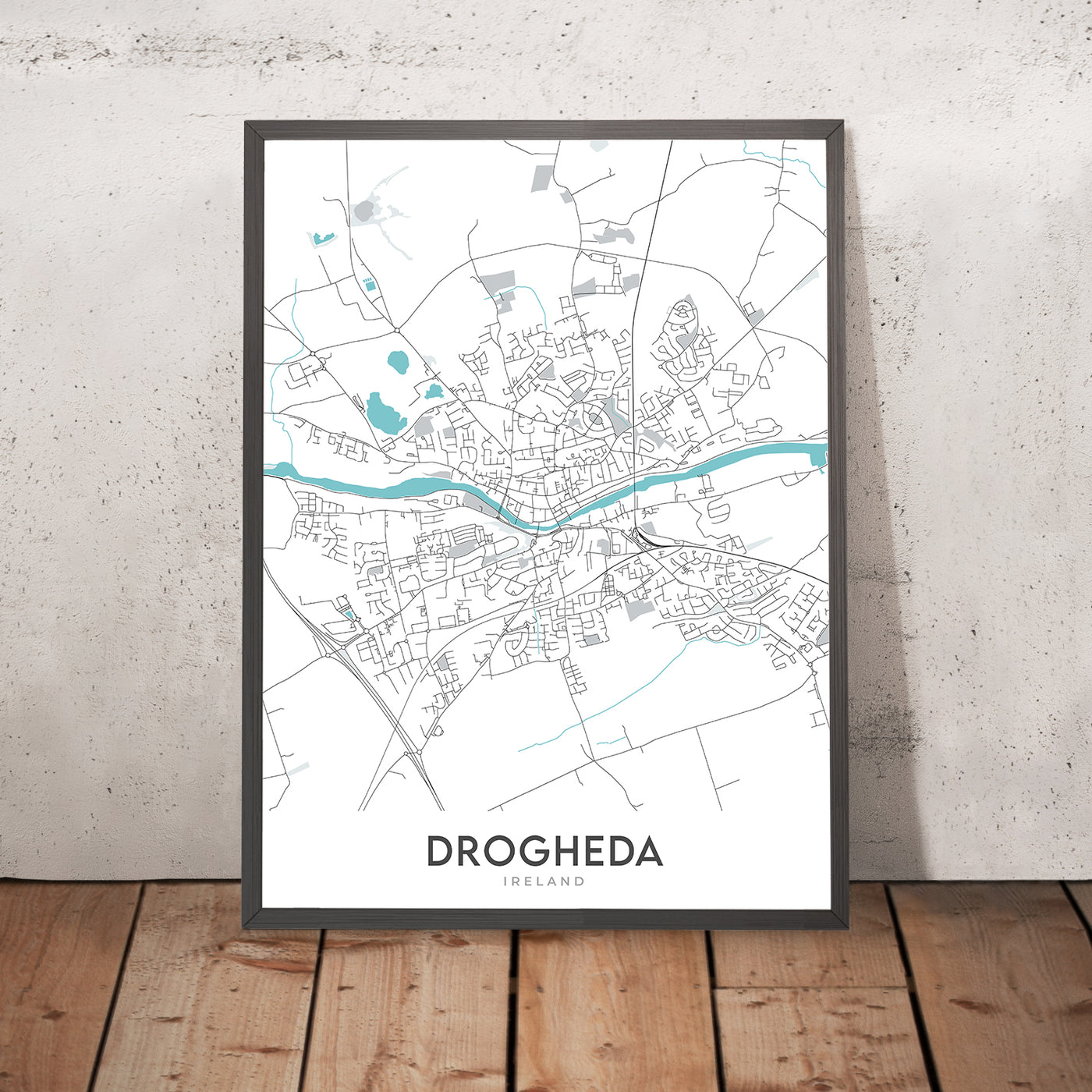 Plan de la ville moderne de Drogheda, Irlande : porte Saint-Laurent, église Sainte-Marie, église Saint-Pierre, église Saint-Vincent, château de Termonfeckin