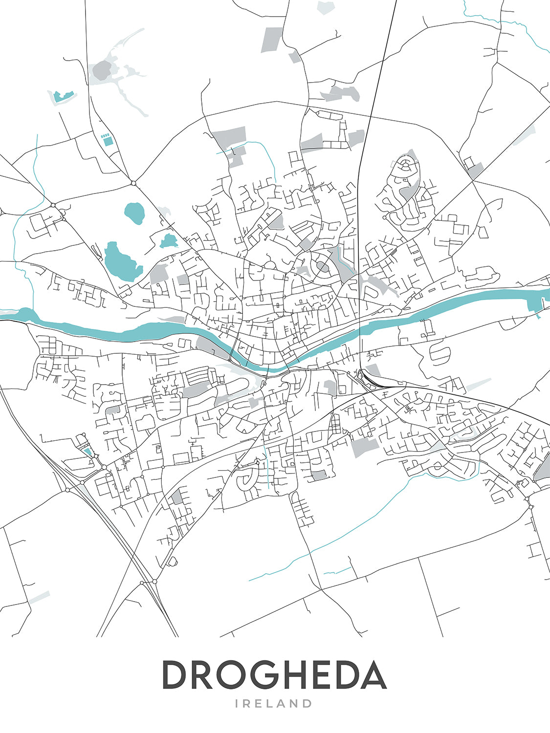 Mapa moderno de la ciudad de Drogheda, Irlanda: Puerta de San Lorenzo, Iglesia de Santa María, Iglesia de San Pedro, Iglesia de San Vicente, Castillo de Termonfeckin