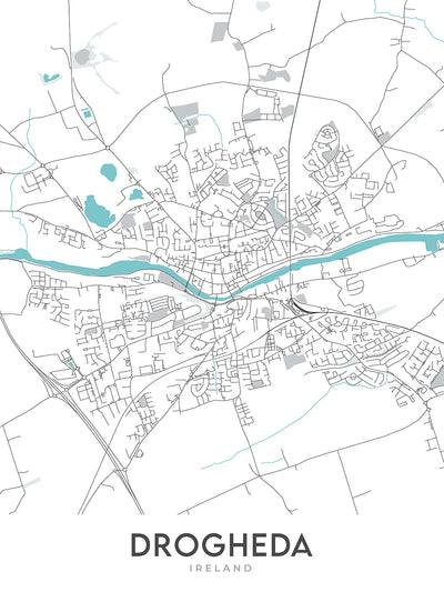 Plan de la ville moderne de Drogheda, Irlande : porte Saint-Laurent, église Sainte-Marie, église Saint-Pierre, église Saint-Vincent, château de Termonfeckin