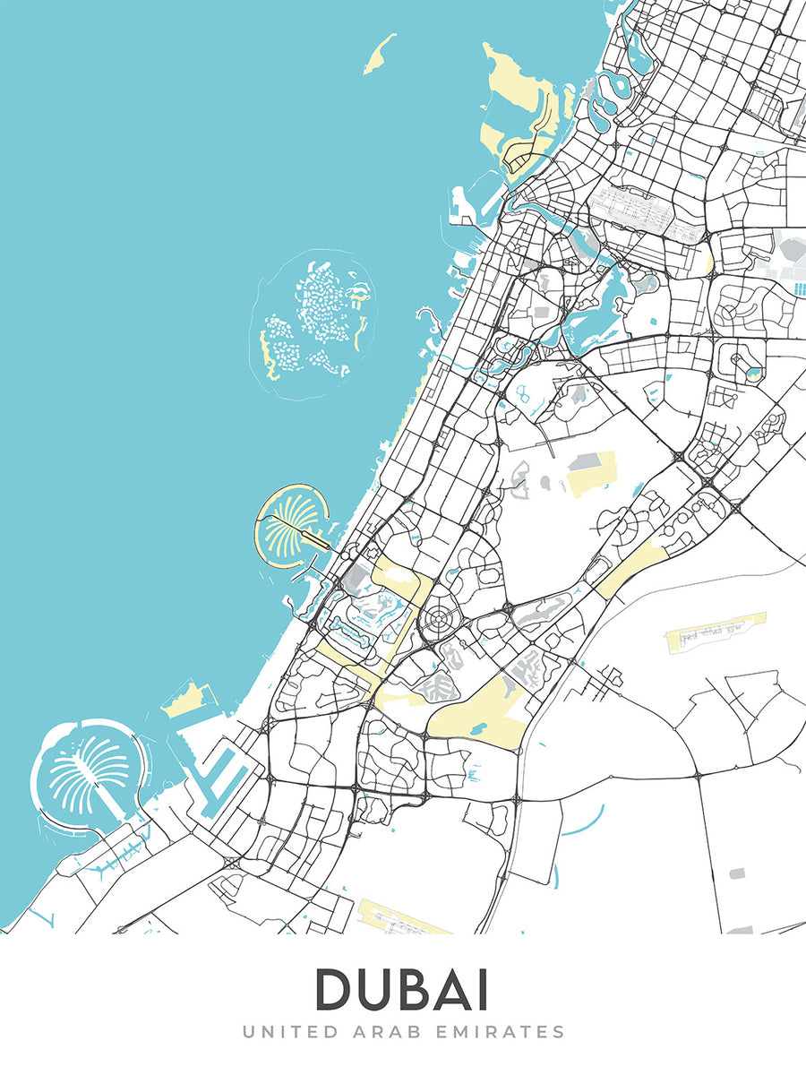Mapa de la ciudad moderna de Dubái, EAU: Burj Khalifa, Palm Jumeirah, Downtown, Marina 