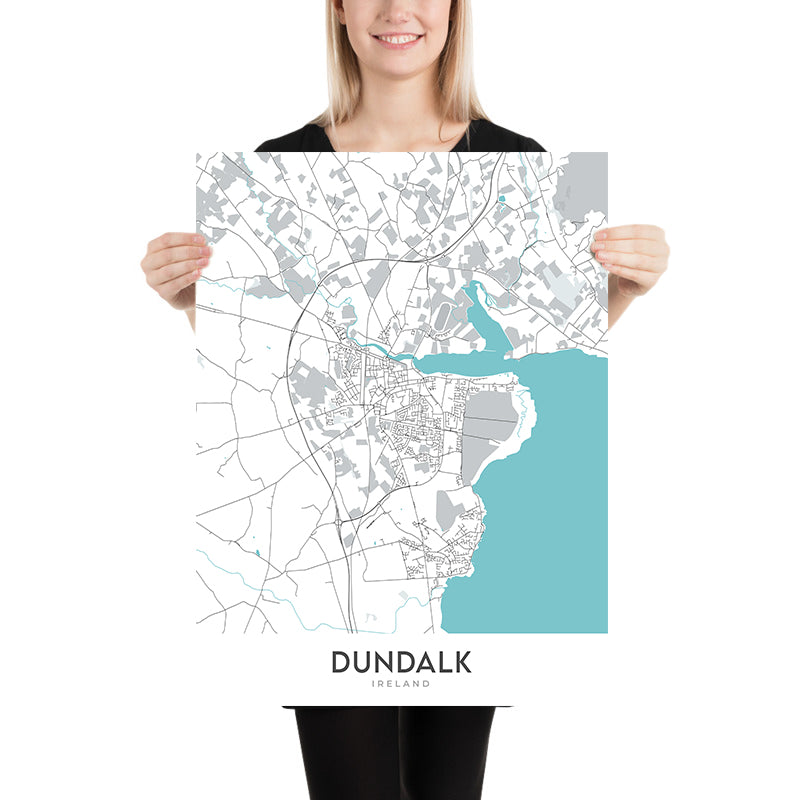 Plan de la ville moderne de Dundalk, Irlande : stade de Dundalk, cathédrale Saint-Patrick, N1, N52, R173