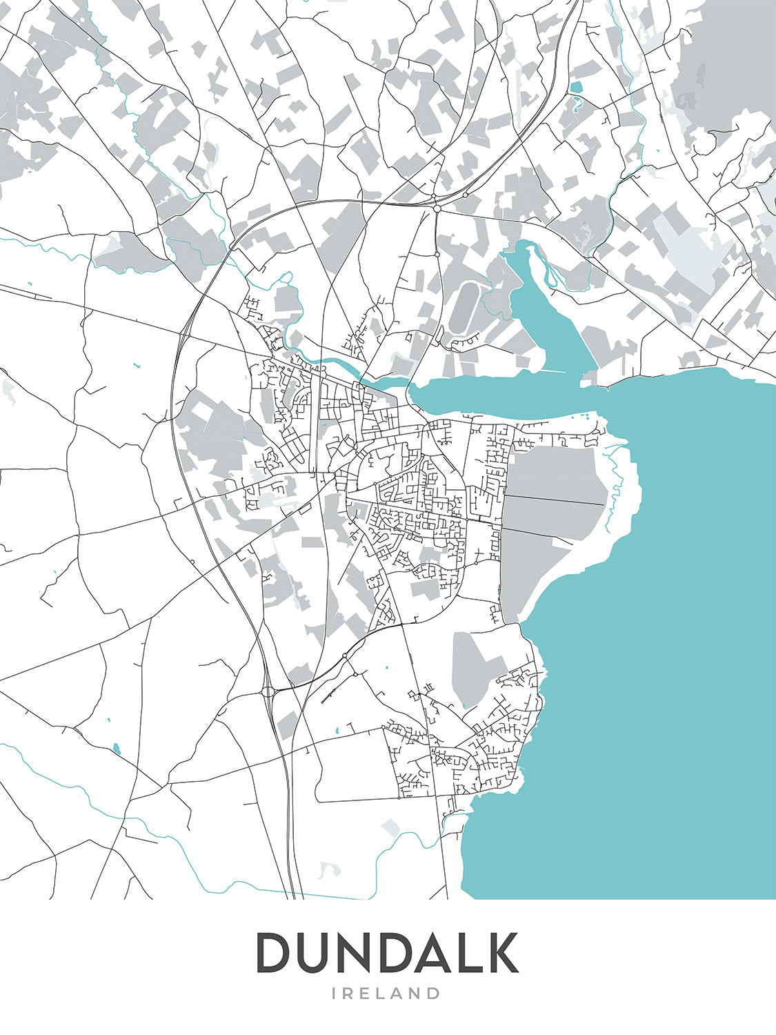 Mapa moderno de la ciudad de Dundalk, Irlanda: Estadio de Dundalk, Catedral de San Patricio, N1, N52, R173