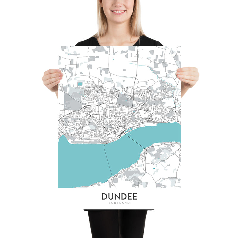 Mappa della città moderna di Dundee, Scozia: Centro città, Ponte ferroviario Tay, Dundee Law, A90, V&A Dundee 