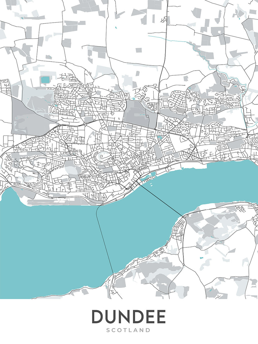 Mappa della città moderna di Dundee, Scozia: Centro città, Ponte ferroviario Tay, Dundee Law, A90, V&A Dundee 