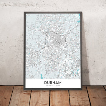 Mapa moderno de la ciudad de Durham, Carolina del Norte: Universidad de Duke, campus de American Tobacco, centro de la ciudad, Museo de Arte de Carolina del Norte, autopista 147 de Carolina del Norte