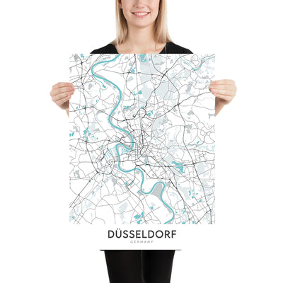 Moderner Stadtplan von Düsseldorf, Deutschland: Altstadt, Königsallee, MedienHafen, Rheinturm, Flughafen Düsseldorf International