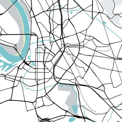 Mapa moderno de la ciudad de Düsseldorf, Alemania: Altstadt, Königsallee, MedienHafen, Rheinturm, Aeropuerto internacional de Düsseldorf