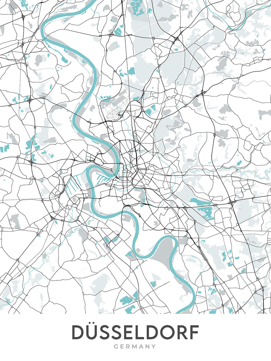 Mapa moderno de la ciudad de Düsseldorf, Alemania: Altstadt, Königsallee, MedienHafen, Rheinturm, Aeropuerto internacional de Düsseldorf
