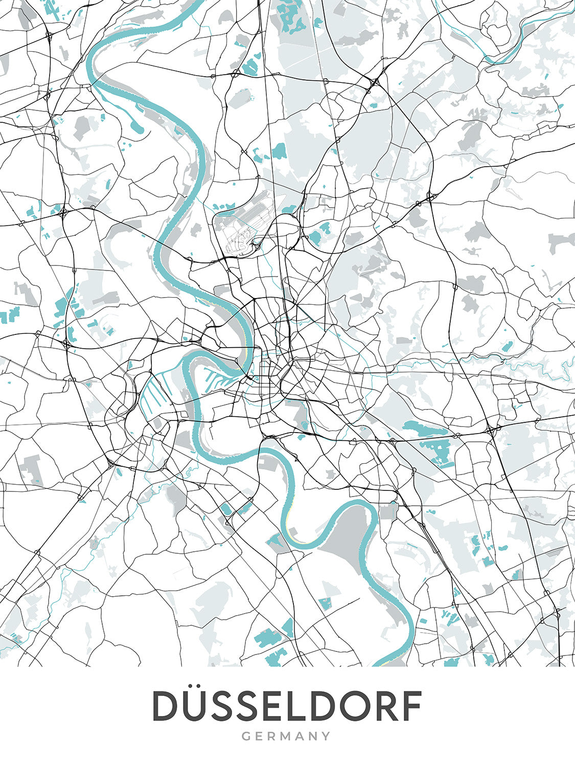 Moderner Stadtplan von Düsseldorf, Deutschland: Altstadt, Königsallee, MedienHafen, Rheinturm, Flughafen Düsseldorf International