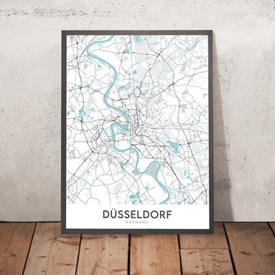 Mapa moderno de la ciudad de Düsseldorf, Alemania: Altstadt, Königsallee, MedienHafen, Rheinturm, Aeropuerto internacional de Düsseldorf