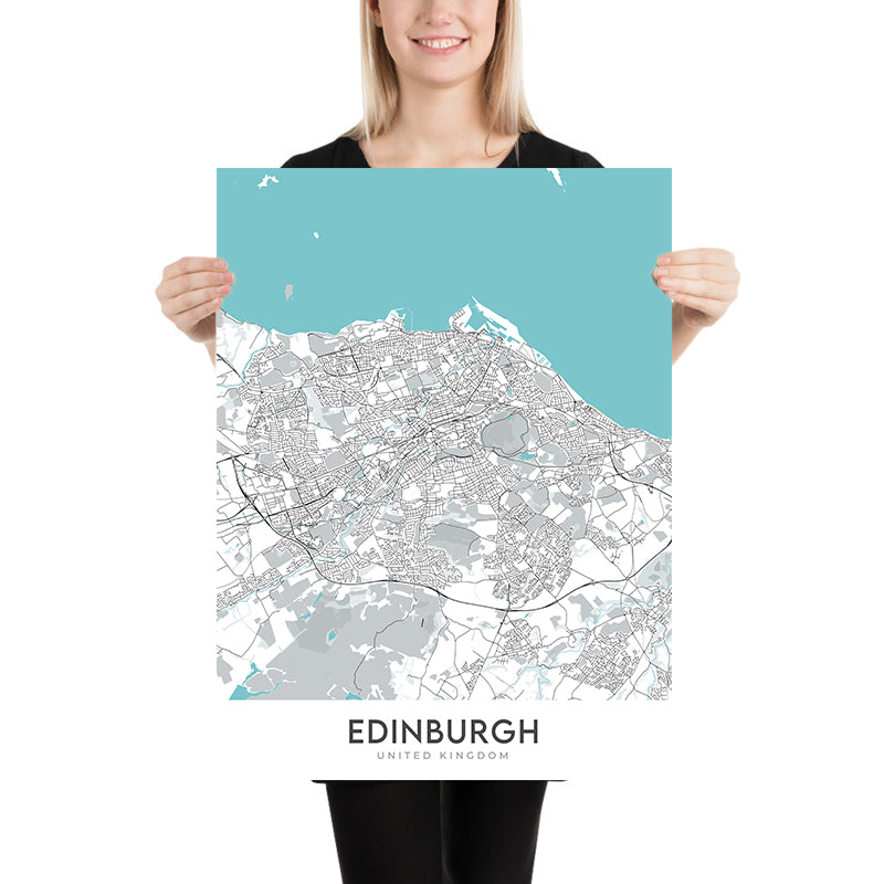 Mapa moderno de la ciudad de Edimburgo, Reino Unido: casco antiguo, casco nuevo, castillo de Edimburgo, Real Jardín Botánico, M8