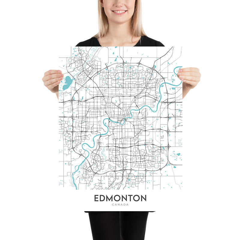 Mapa moderno de la ciudad de Edmonton, Canadá: centro, Universidad de Alberta, West Edmonton Mall, Whyte Avenue, Jasper Avenue