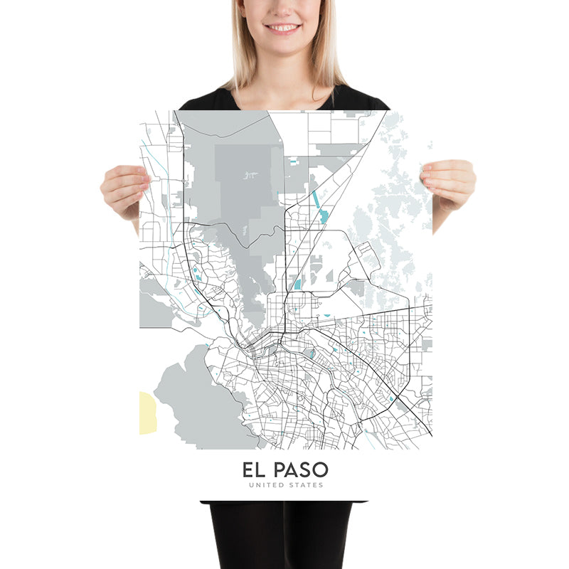 Plan de la ville moderne d'El Paso, Texas : centre-ville, UTEP, Franklin Mountains, I-10, US-54