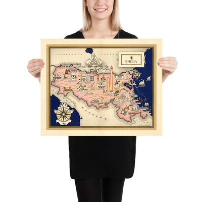 Old Map of Emilia-Romagna by De Agostini, 1938: Bologna, Ferrara, Modena, Parma, Rimini