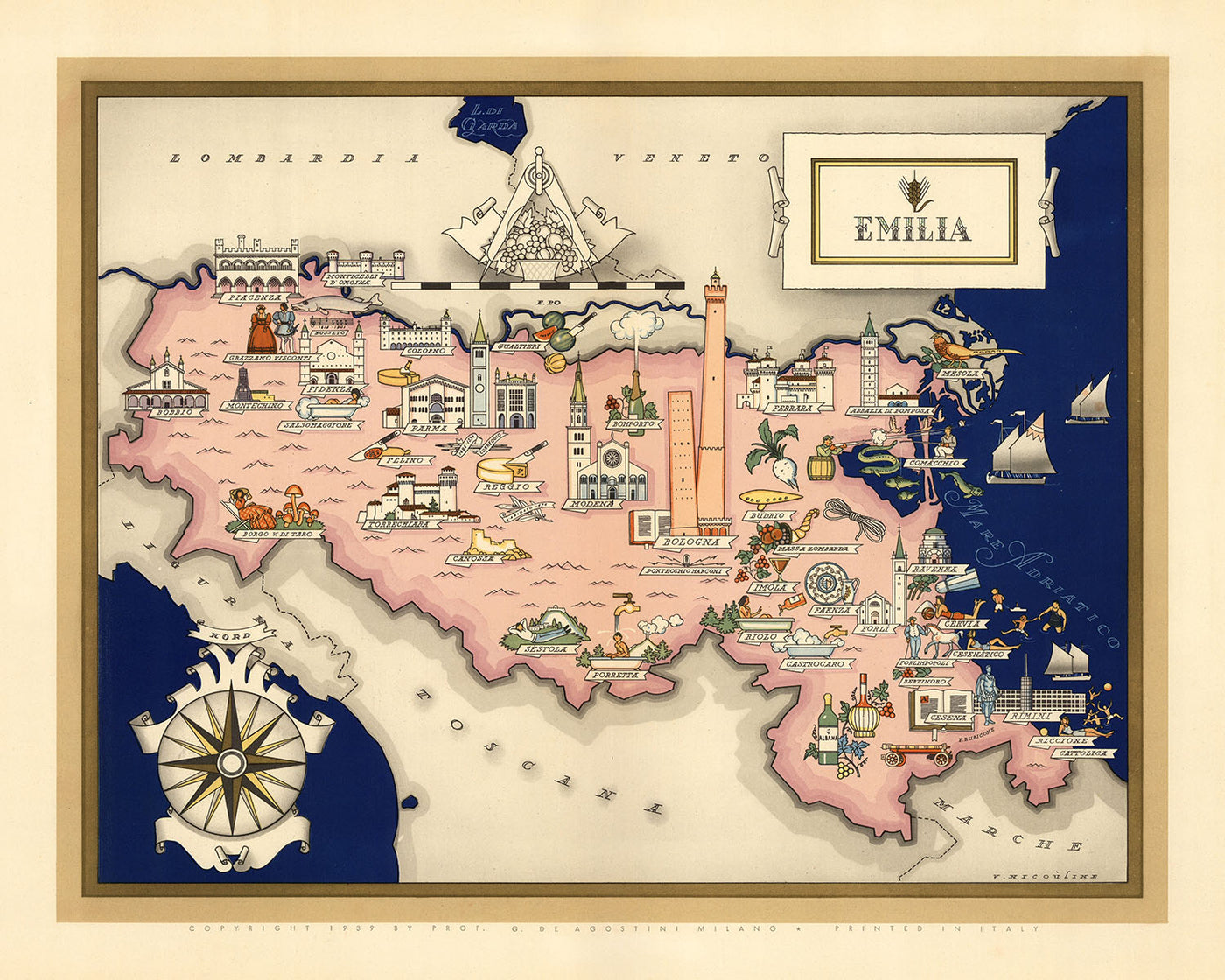 Mapa antiguo de Emilia de De Agostini, 1938: Bolonia, Ferrara, Módena, Parma, Rimini