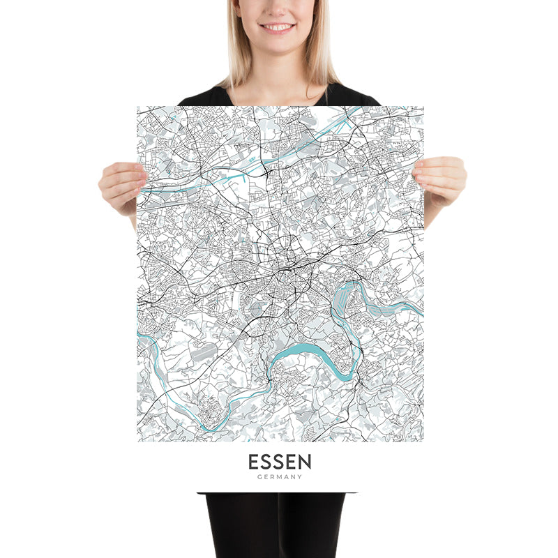 Moderner Stadtplan von Essen, Deutschland: Baldeneysee, Folkwang Museum, A40, Philharmonie Essen, Stadtkern