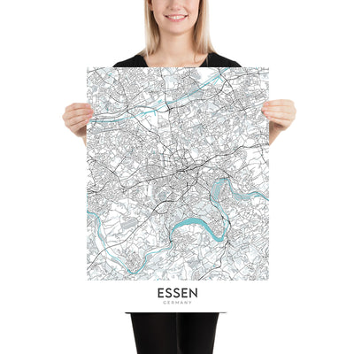 Plan de la ville moderne d'Essen, Allemagne : Baldeneysee, Musée Folkwang, A40, Philharmonie Essen, Stadtkern