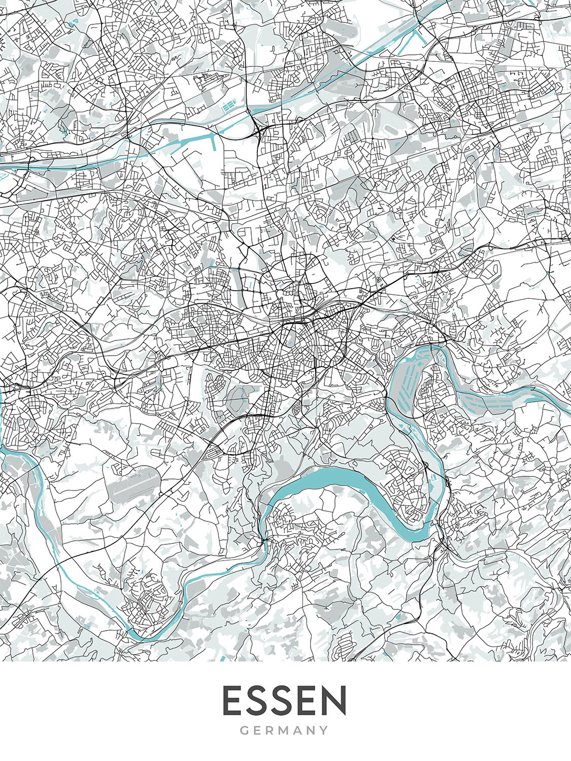 Mapa moderno de la ciudad de Essen, Alemania: Baldeneysee, Museo Folkwang, A40, Filarmónica de Essen, Stadtkern