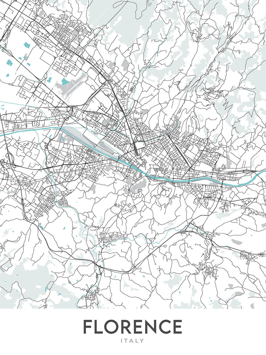 Moderne Stadtkarte von Florenz, Italien: Duomo, Uffizien, Ponte Vecchio, Santa Croce, Oltrarno 