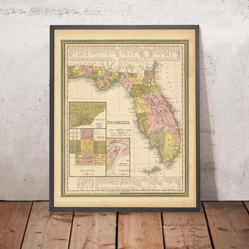 Vecchia mappa della Florida di H.S. Tanner, 1839: Miami, Tampa, Orlando, St. Petersburg, Jacksonville, Cayo Lago, Keys 