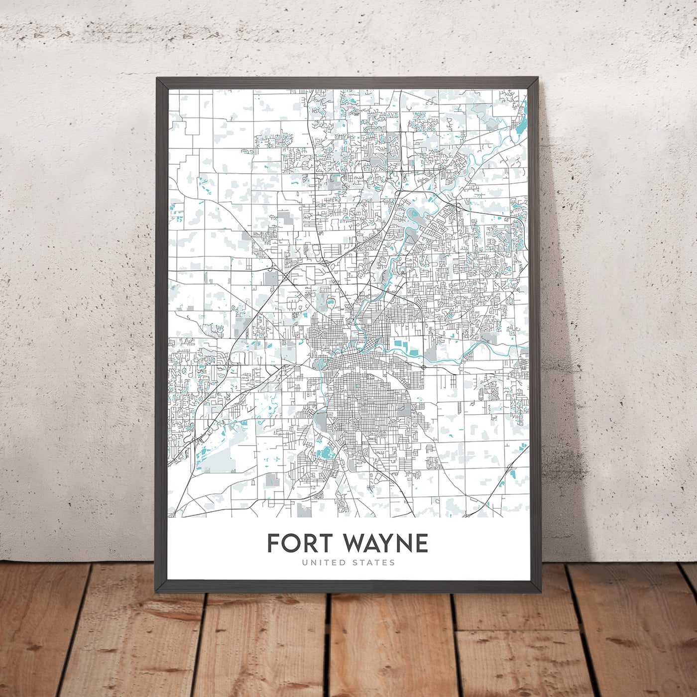 Mapa moderno de la ciudad de Fort Wayne, IN: Centro, IPFW, Parkview, Coliseum Blvd, St Rd 9