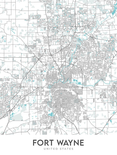 Plan de la ville moderne de Fort Wayne, IN : centre-ville, IPFW, Parkview, Coliseum Blvd, St Rd 9
