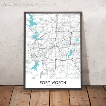 Mappa della città moderna di Fort Worth, TX: Stockyards, Sundance Sq, TCU, Downtown, Will Rogers 