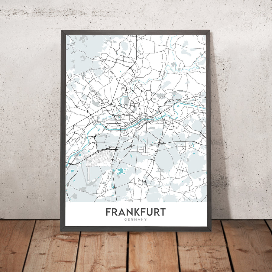 Mapa moderno de la ciudad de Frankfurt, Alemania: Bahnhofsviertel, Torre Commerzbank, Catedral de Frankfurt, Río Meno, Sachsenhausen