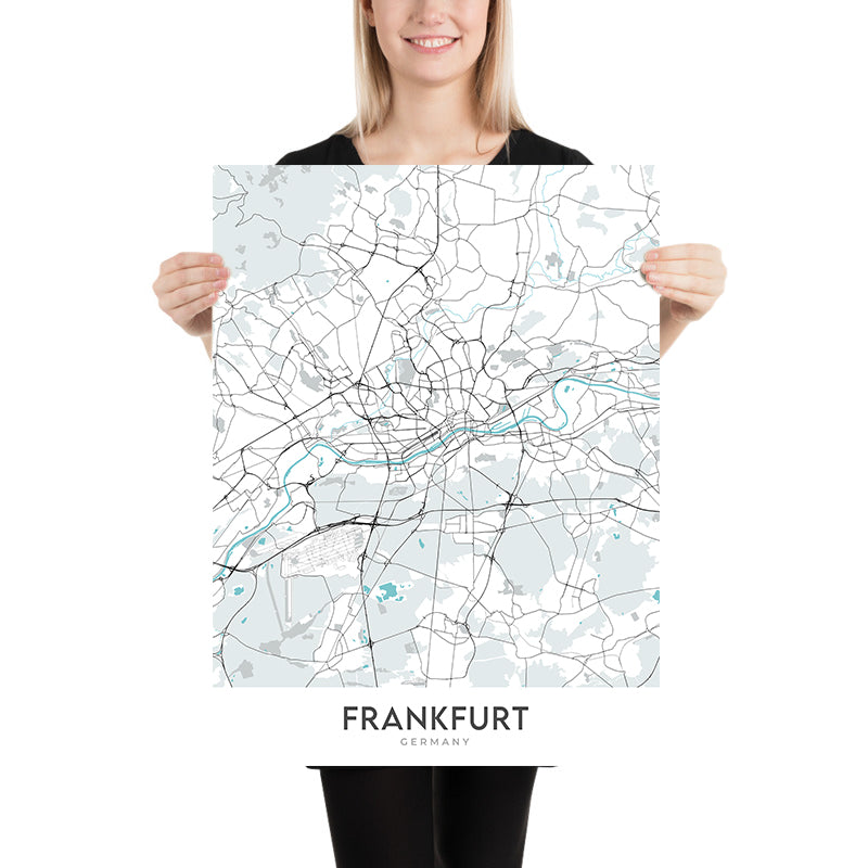 Modern City Map of Frankfurt, Germany: Bahnhofsviertel, Commerzbank Tower, Frankfurt Cathedral, Main River, Sachsenhausen