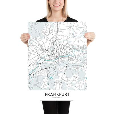 Plan de la ville moderne de Francfort, Allemagne : Bahnhofsviertel, tour de la Commerzbank, cathédrale de Francfort, rivière Main, Sachsenhausen