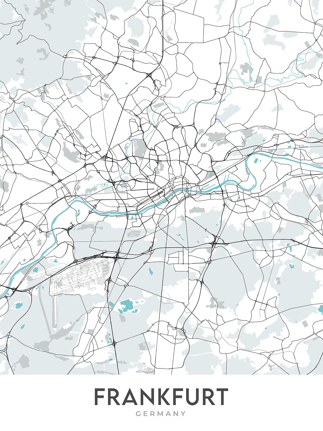 Mapa moderno de la ciudad de Frankfurt, Alemania: Bahnhofsviertel, Torre Commerzbank, Catedral de Frankfurt, Río Meno, Sachsenhausen