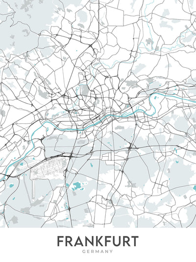 Mapa moderno de la ciudad de Frankfurt, Alemania: Bahnhofsviertel, Torre Commerzbank, Catedral de Frankfurt, Río Meno, Sachsenhausen