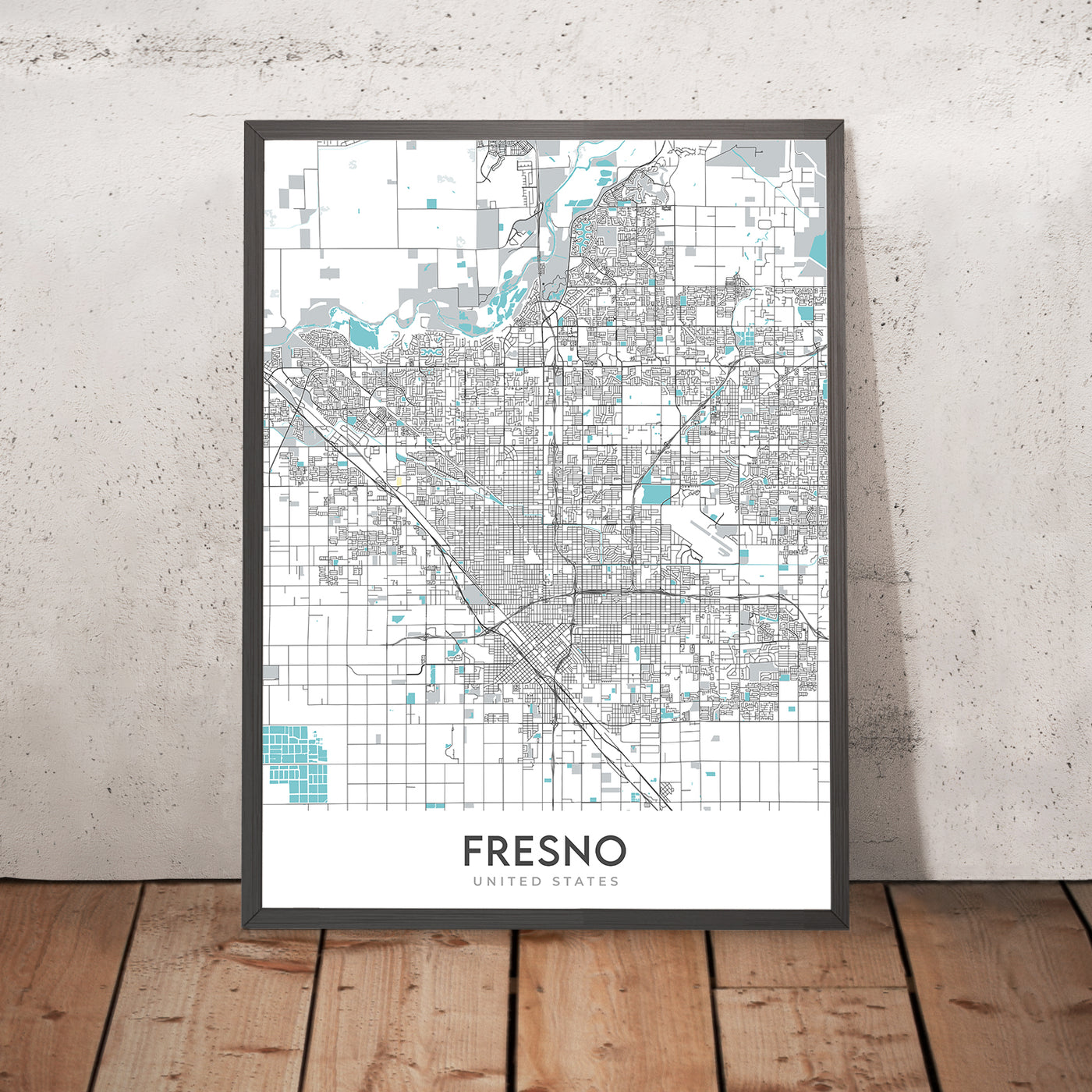 Moderner Stadtplan von Fresno, Kalifornien: Innenstadt, Fresno Chaffee Zoo, Woodward Park, Fig Garden Village, Save Mart Center