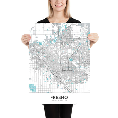 Plan de la ville moderne de Fresno, Californie : centre-ville, zoo de Fresno Chaffee, Woodward Park, Fig Garden Village, Save Mart Center