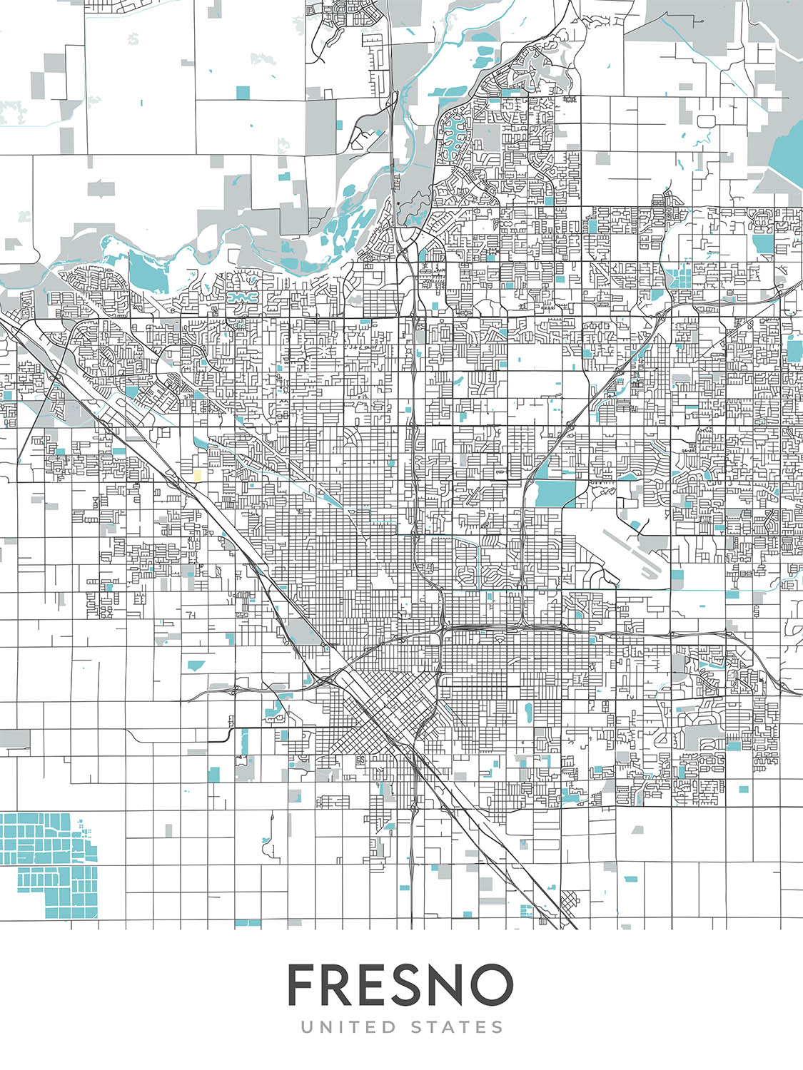 Plan de la ville moderne de Fresno, Californie : centre-ville, zoo de Fresno Chaffee, Woodward Park, Fig Garden Village, Save Mart Center