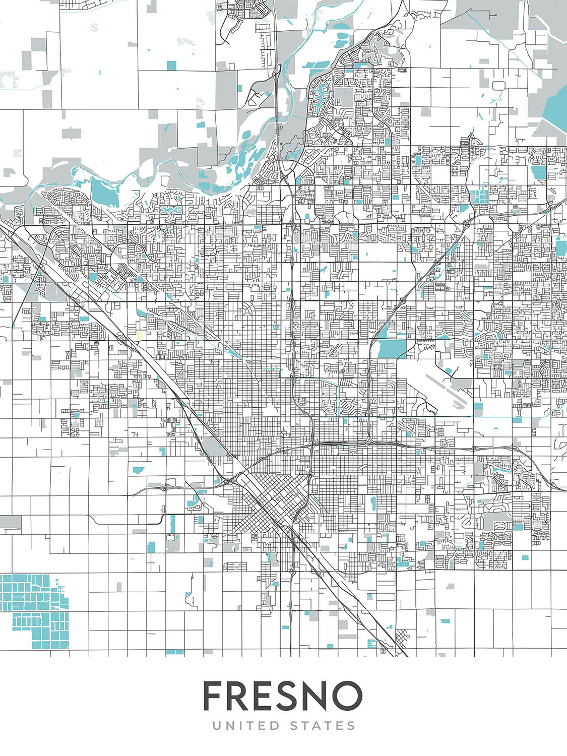 Fresno Map Modern City Map of Fresno, CA: Downtown, Fresno Chaffee Zoo, Woodward ...