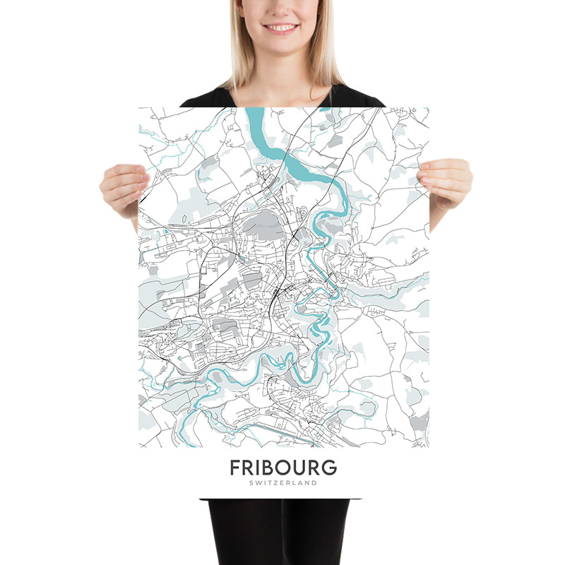 Mapa moderno de la ciudad de Friburgo, Suiza: Altstadt, Cathédrale Saint-Pierre, Jet d'Eau, Palais des Nations, Parc des Eaux-Vives