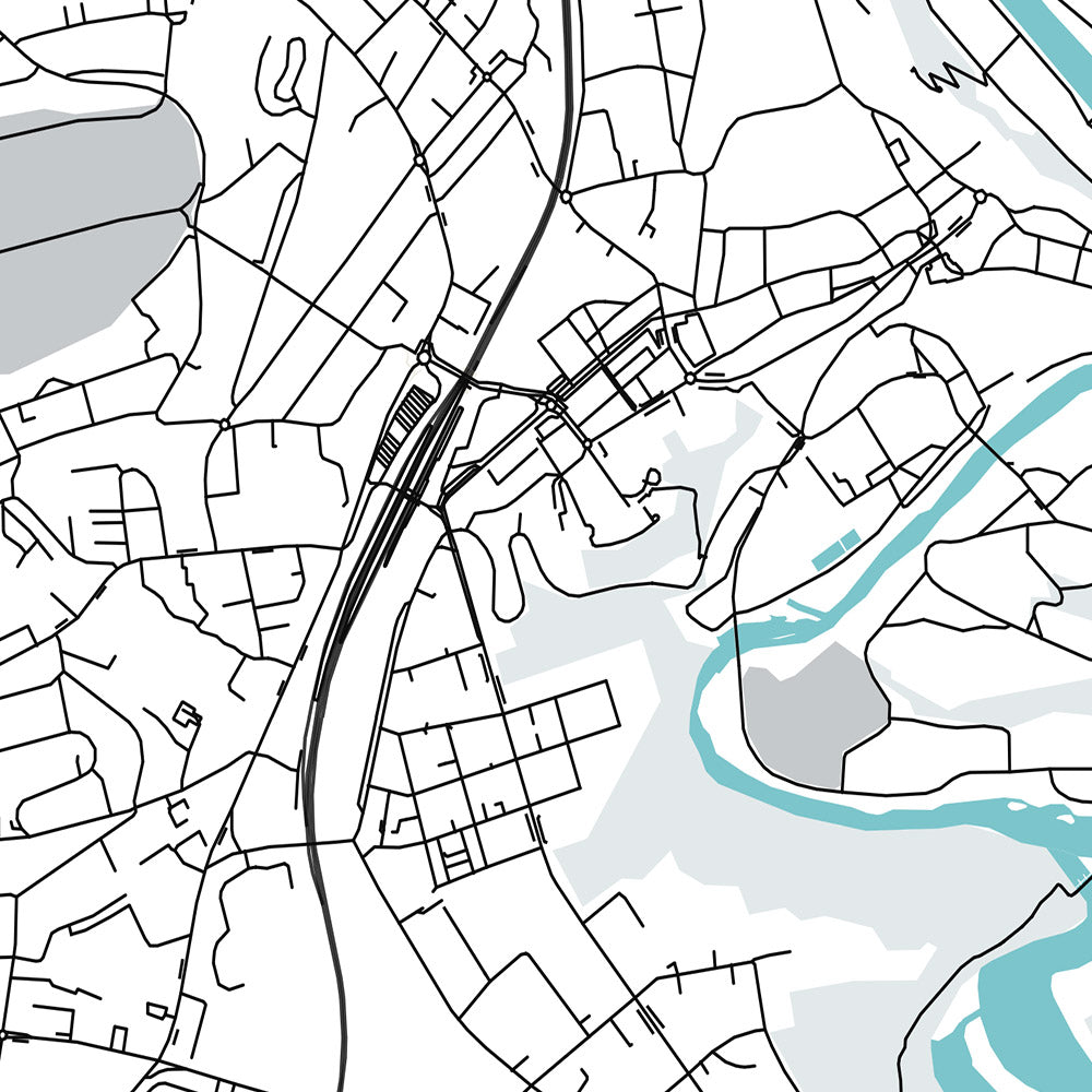 Plan de la ville moderne de Fribourg, Suisse : Altstadt, Cathédrale Saint-Pierre, Jet d'Eau, Palais des Nations, Parc des Eaux-Vives