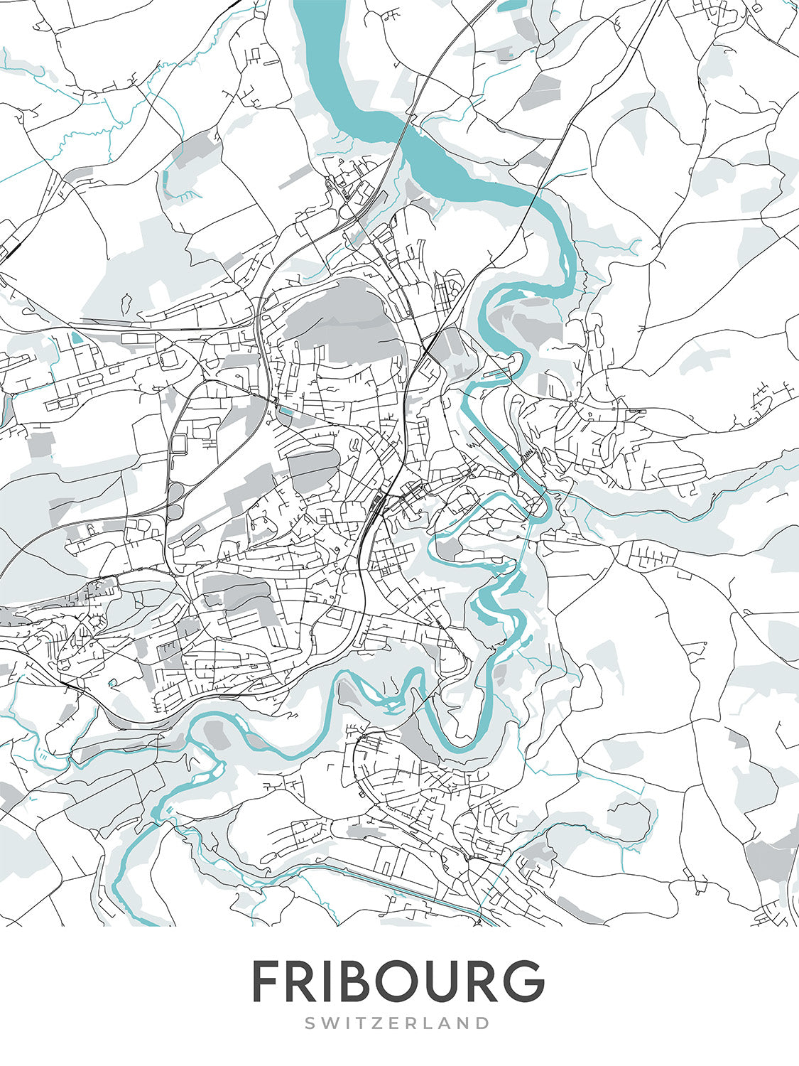 Plan de la ville moderne de Fribourg, Suisse : Altstadt, Cathédrale Saint-Pierre, Jet d'Eau, Palais des Nations, Parc des Eaux-Vives