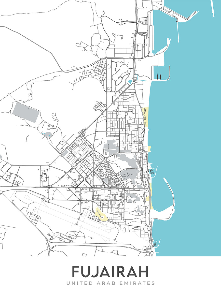 Mapa moderno de la ciudad de Fujairah, Emiratos Árabes Unidos: fuertes, museos y costa