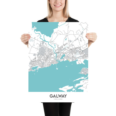 Plan de la ville moderne de Galway, Irlande : centre-ville, West End, Salthill, cathédrale de Galway, N6