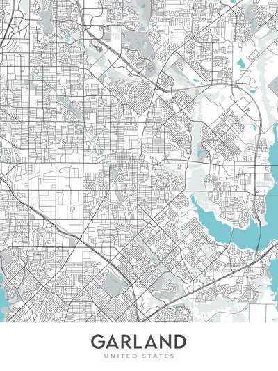 Mapa moderno de la ciudad de Garland, TX: Buckingham, Duck Creek, Firewheel, Granville Arts District, Lake Highlands
