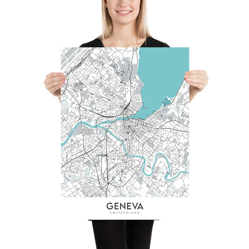 Mapa moderno de la ciudad de Ginebra, Suiza: Jet d'Eau, Palacio de las Naciones, CERN, lago de Ginebra, casco antiguo