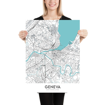 Mapa moderno de la ciudad de Ginebra, Suiza: Jet d'Eau, Palacio de las Naciones, CERN, lago de Ginebra, casco antiguo