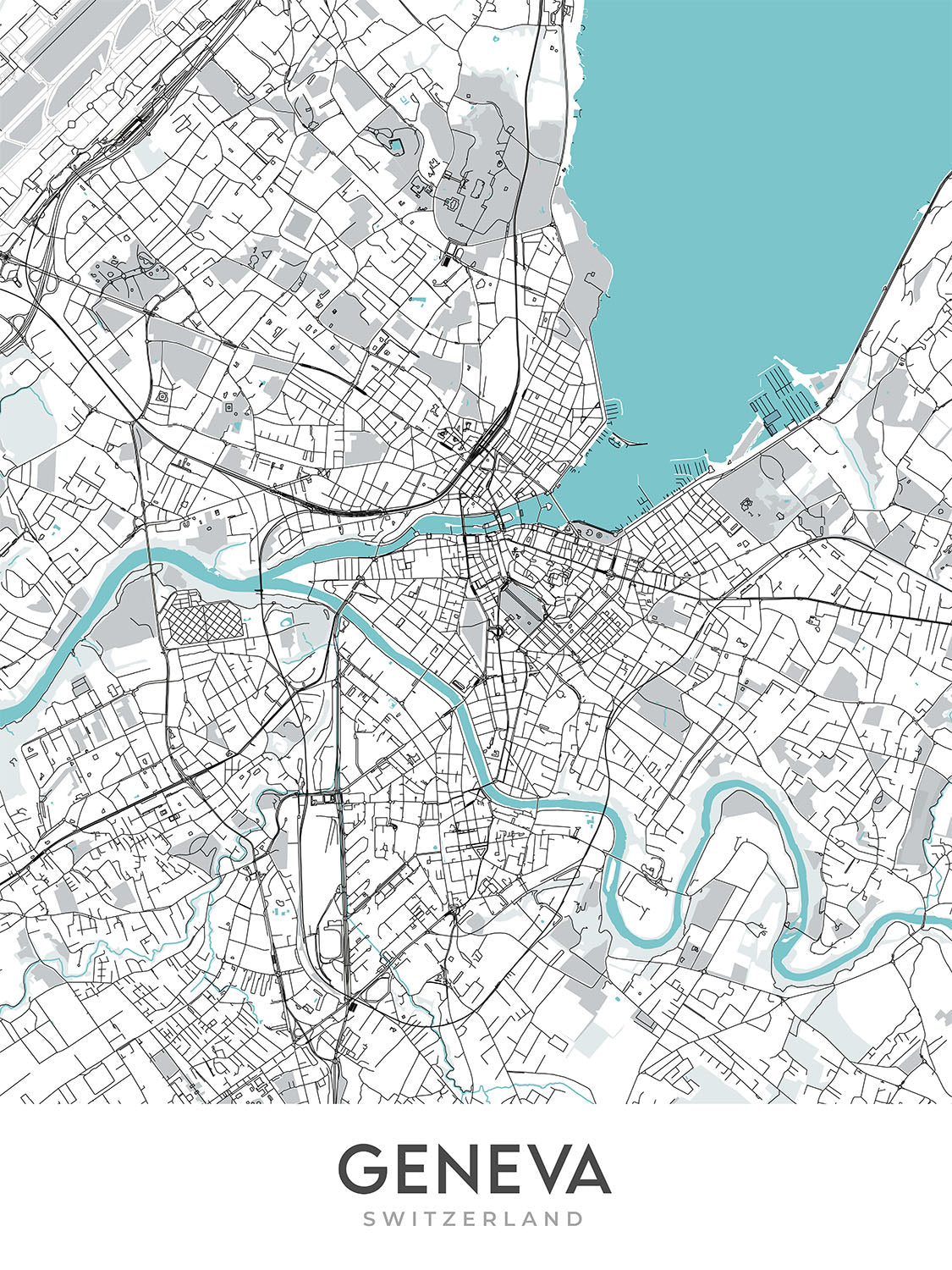 Modern City Map of Geneva, Switzerland: Jet d'Eau, Palais des Nations, CERN, Lake Geneva, Old Town