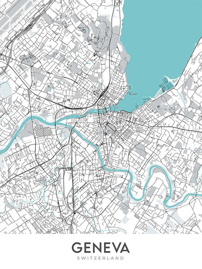 Plan de la ville moderne de Genève, Suisse : Jet d'Eau, Palais des Nations, CERN, Lac Léman, Vieille Ville
