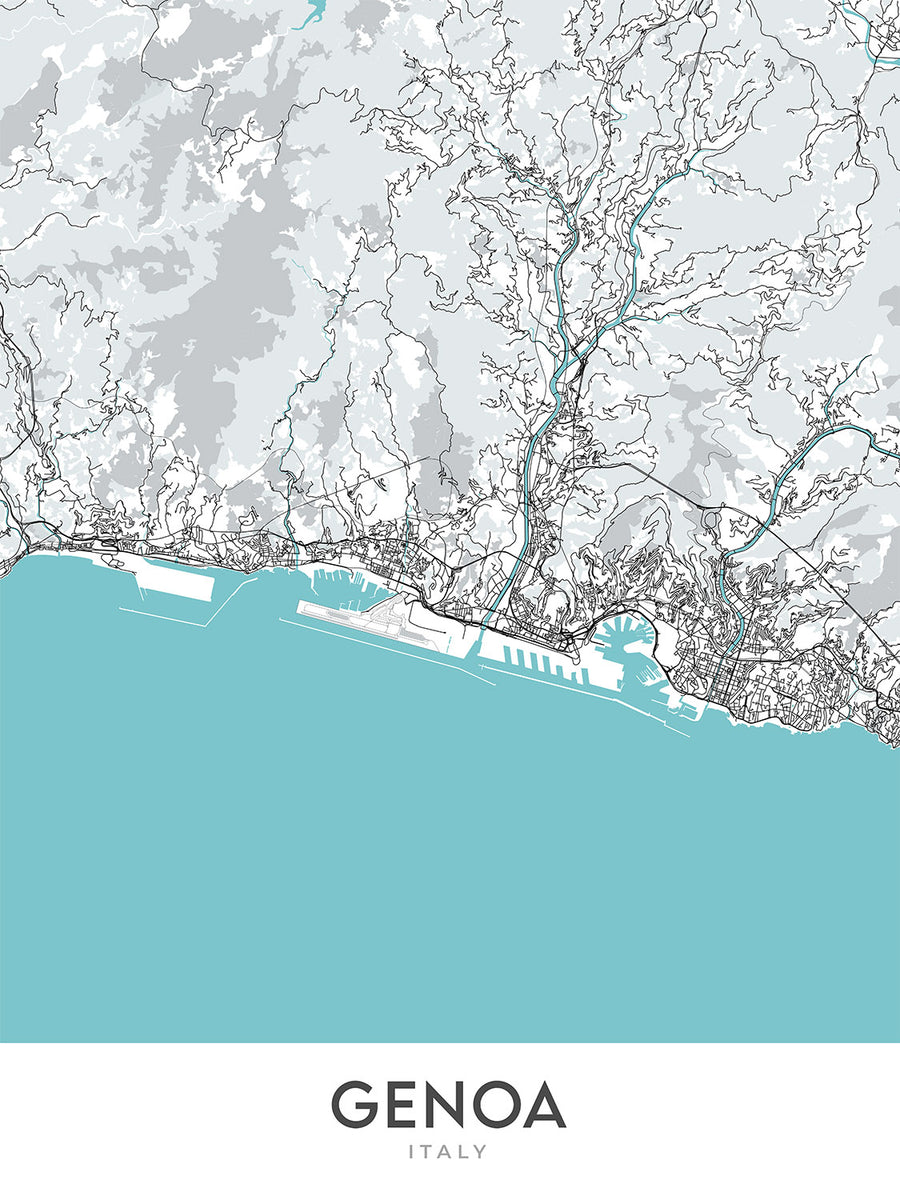 Mappa della città moderna di Genova, Italia: Castelletto, Foce, Marassi, Oregina, Pegli 