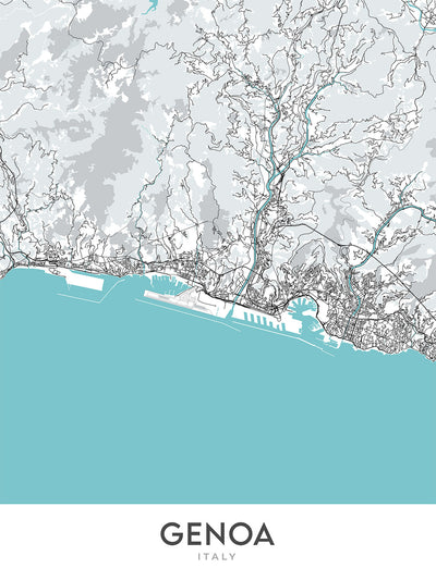 Modern City Map of Genoa, Italy: Castelletto, Foce, Marassi, Oregina, Pegli