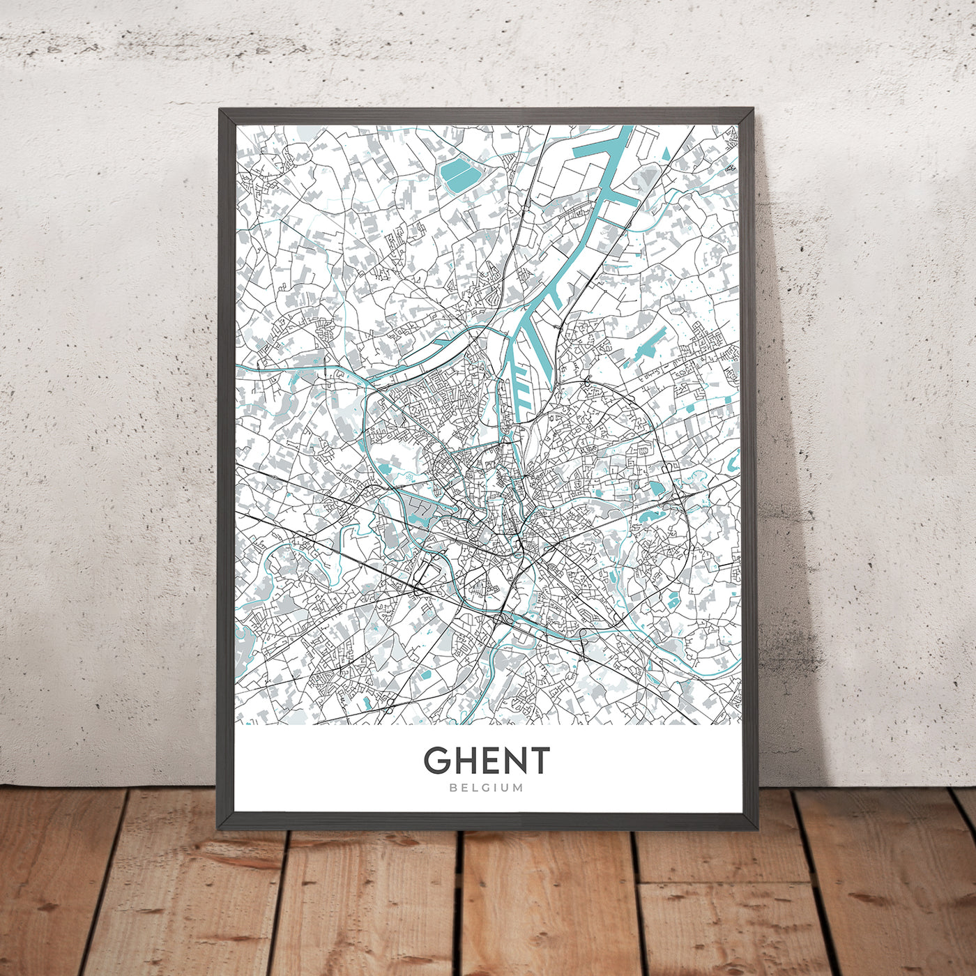 Mapa moderno de la ciudad de Gante, Bélgica: campanario, castillo, catedral, Gravensteen, Korenmarkt