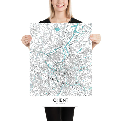 Modern City Map of Ghent, Belgium: Belfry, Castle, Cathedral, Gravensteen, Korenmarkt